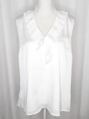 White House Black Market White Chiffon Blouse Pleated Ruffle Neckline
